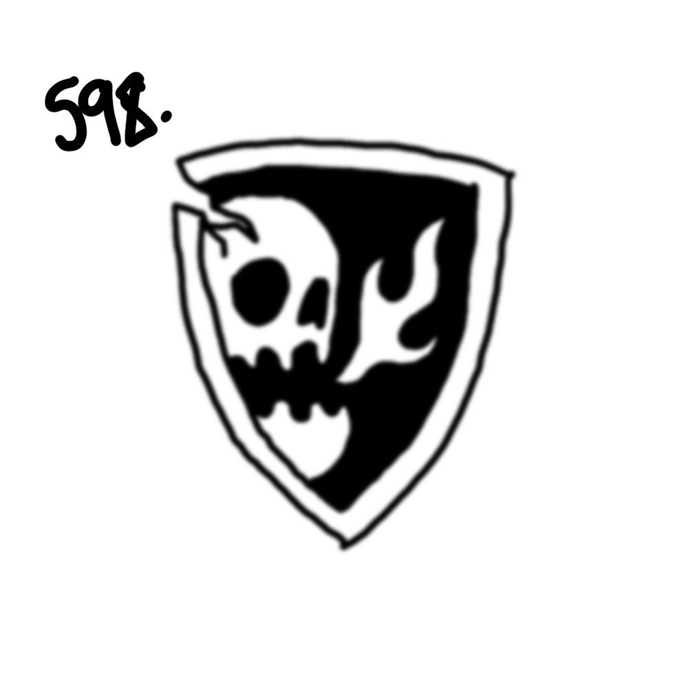 Black and white drawing of a skull inside a shield with the number 598 written in the top left corner.