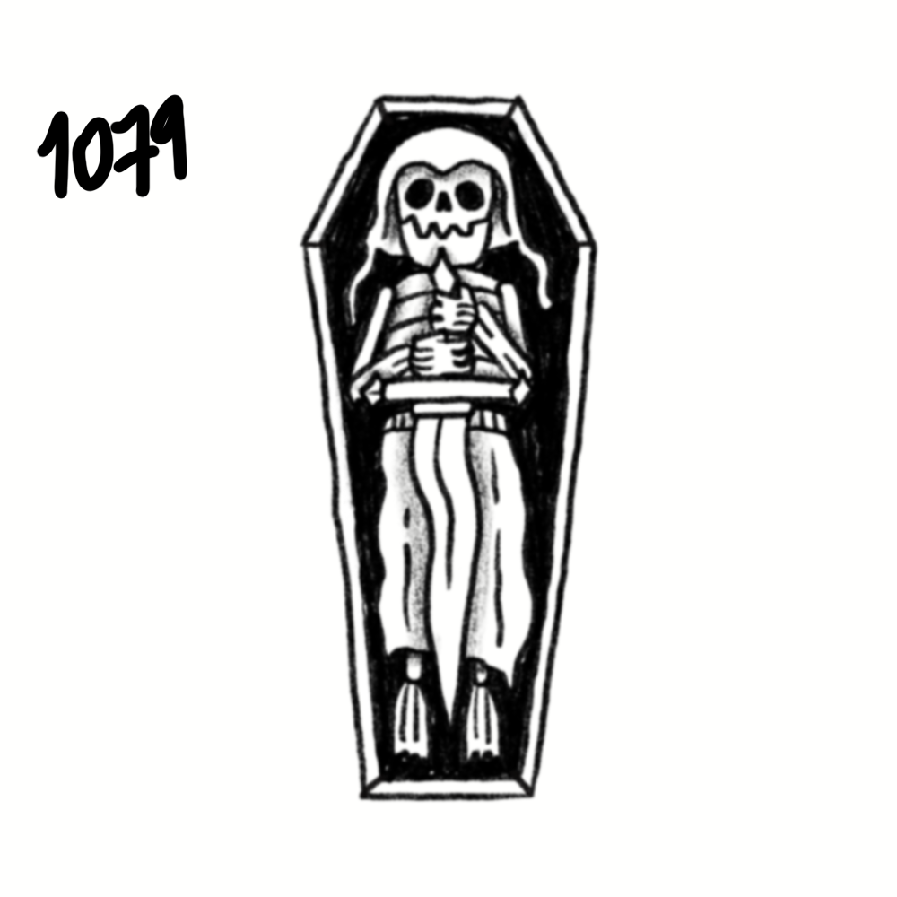 A black-and-white drawing of a skeleton with a skull, dressed in a T-shirt and pants, lying inside a coffin with its hands clasped together.