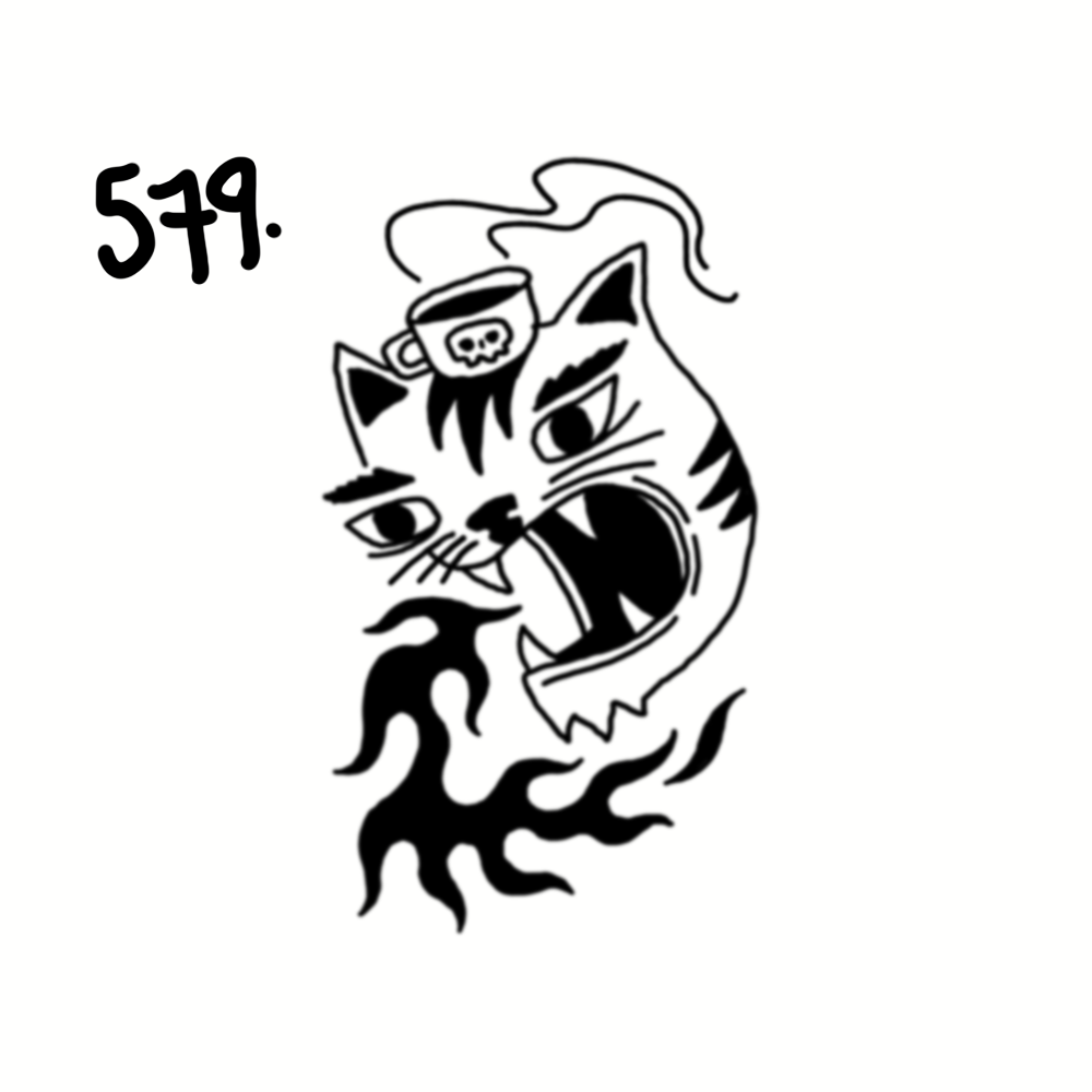 Line drawing of a fierce-looking tiger with sharp teeth and a small coffee cup on its head, emitting black smoke or flames.