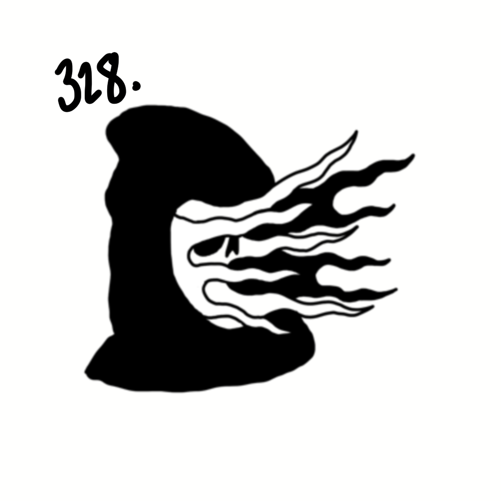 Silhouette of a person with flowing hair, facing sideways, with lines extending from the face to the right, and the number 328.4 written in black cursive in the top left corner.