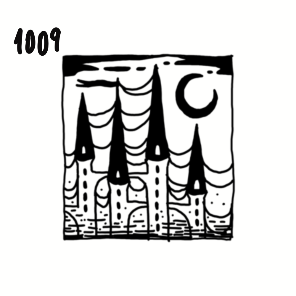 Black and white drawing of a cityscape with tall buildings, curtains, and a crescent moon in the sky, labeled "1009" in the top left corner.