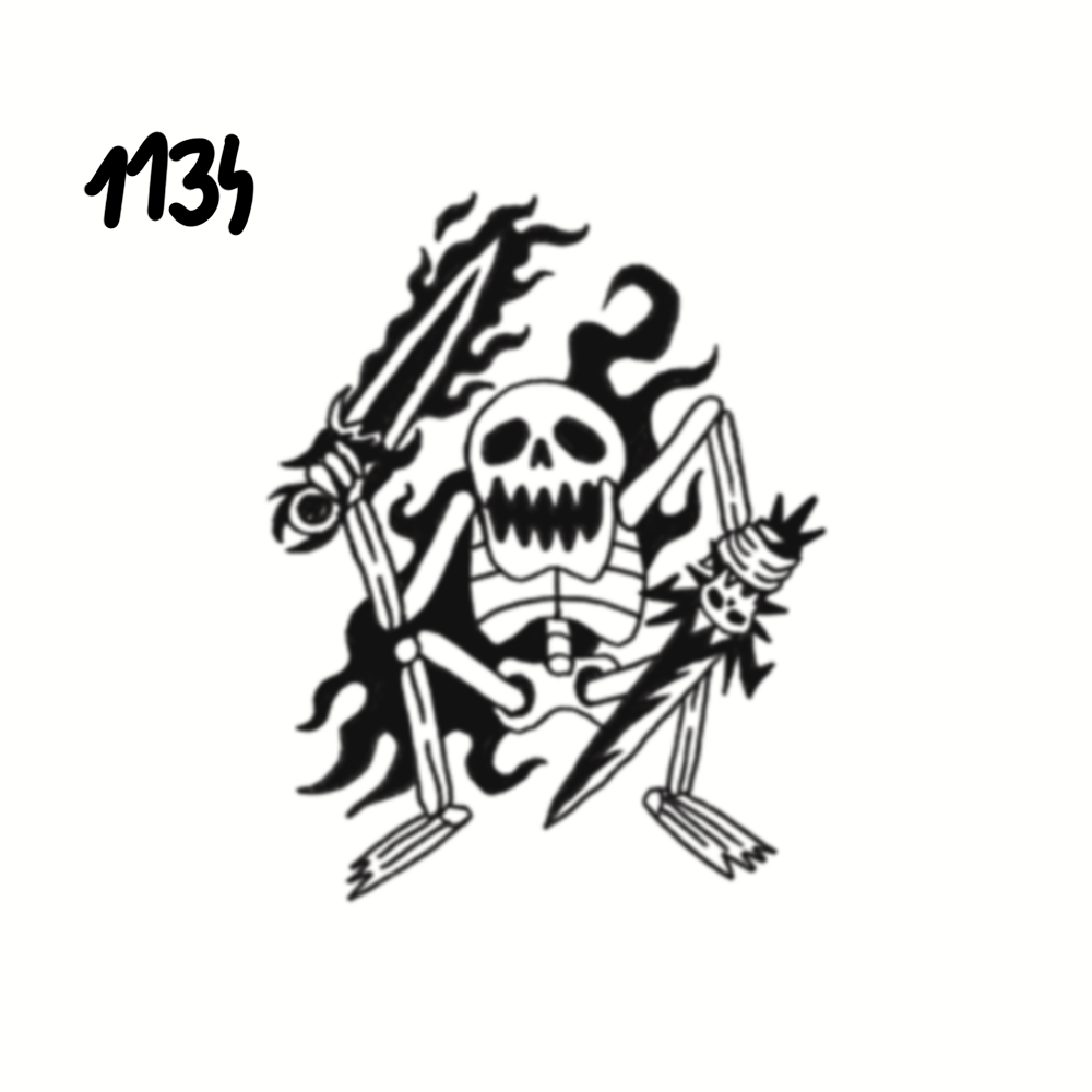 A black and white cartoon skeleton with flames on its head, holding a sword in one hand and a spear with a skull on the other, with the number 1135 written in the upper left corner.