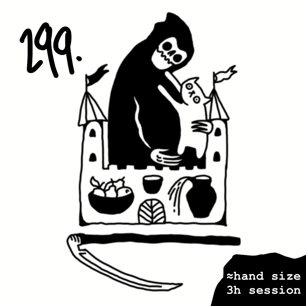 Black and white drawing of a skeleton with a hood, holding a pig, standing behind a castle-like structure with towers, flags, and various objects including a bowl of fruit, a leaf, and a pitcher. The number 24 is written in large script on the left s