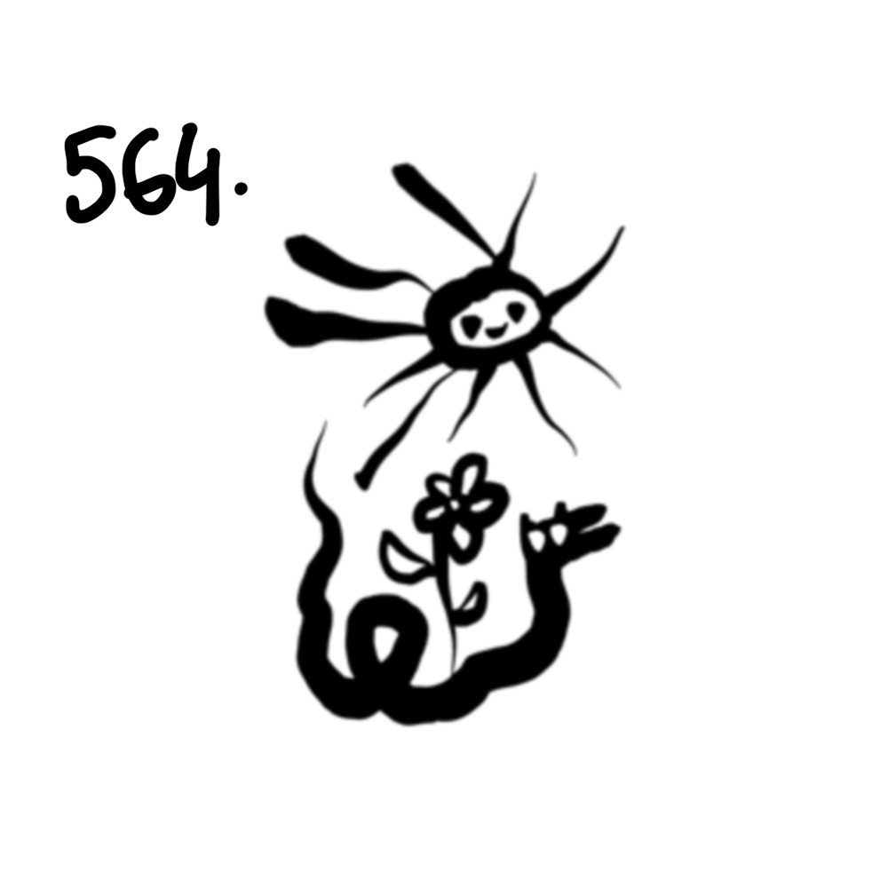 A childlike black and white drawing of a smiling spider hanging from a web, with a flower and a snake below it, and the number 564 written in the top left corner.