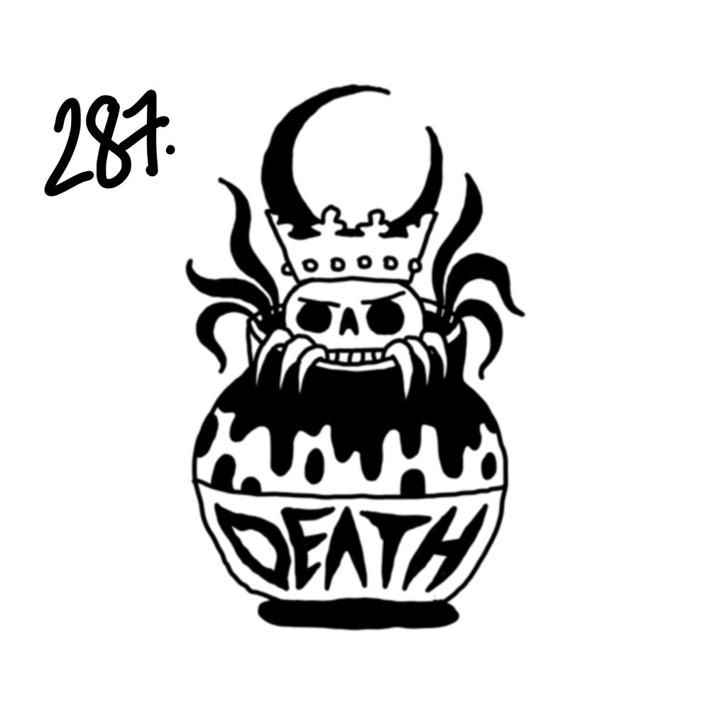 A black and white drawing of a skull with a crown and horns, emerging from a skull-shaped potion bottle labeled 'DEATH' with a dripping design.