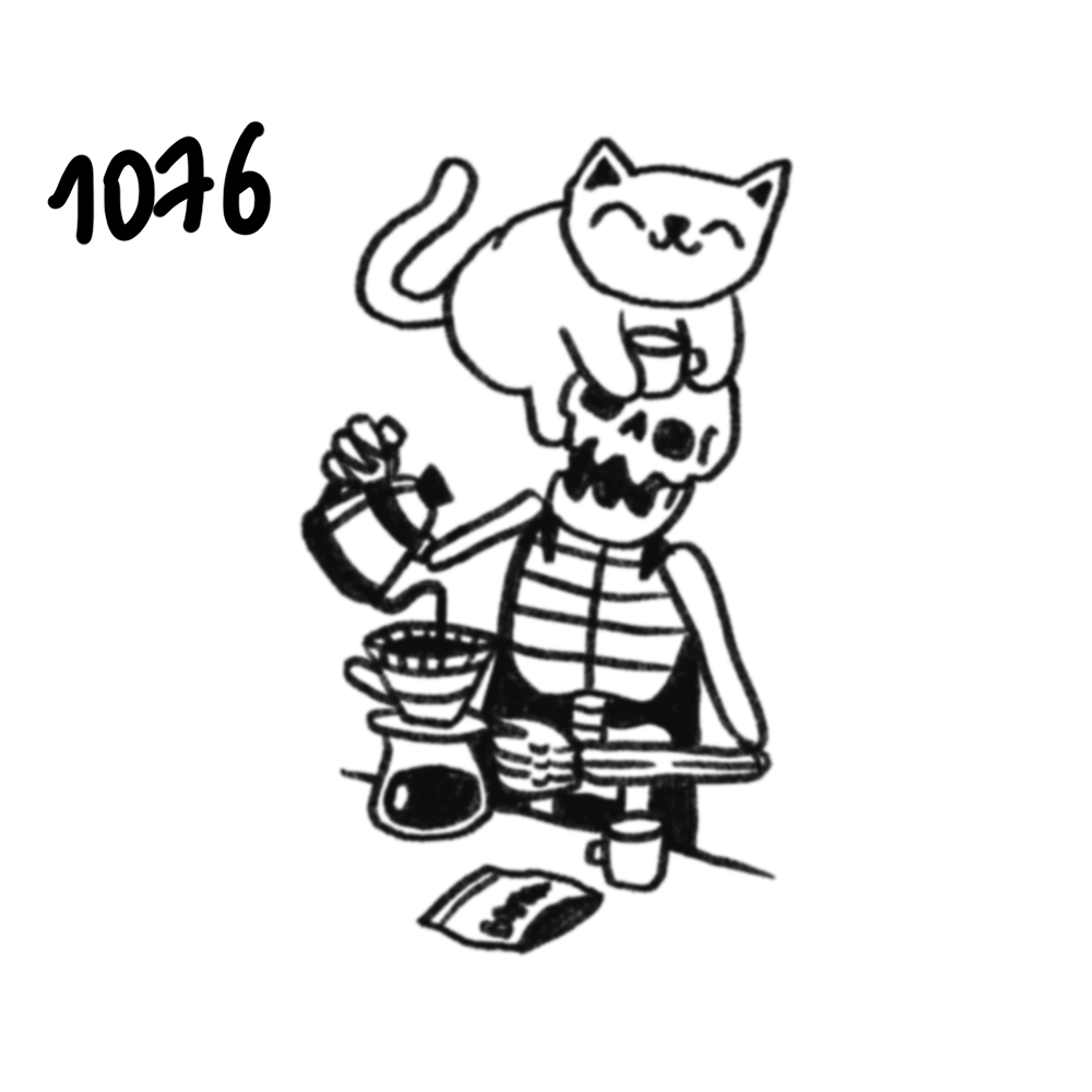 A black and white line drawing of a person with a skull head, sitting at a table with a drink and a snack, with a cat sitting on their head.