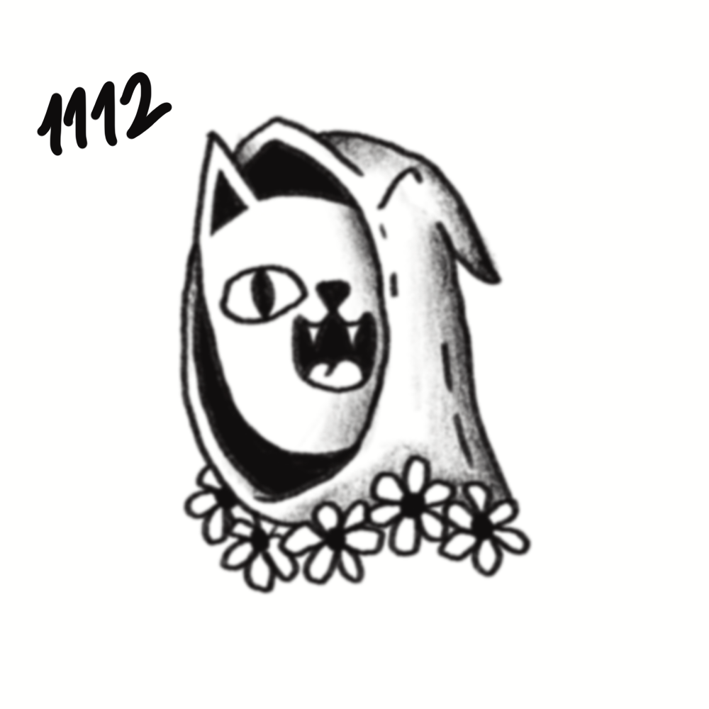 A black and white drawing of a cat with a happy expression, surrounded by flowers, with the number 112 written near the top left corner.