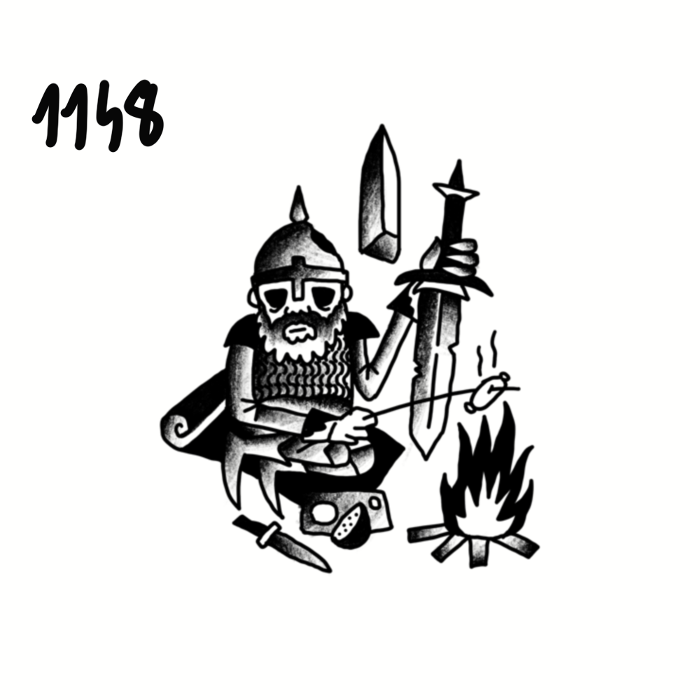 Drawing of a bearded Viking with sunglasses sitting by a campfire, holding a sword and skewer of food, with tools and a camera nearby, and the number 1158 in the top left corner.