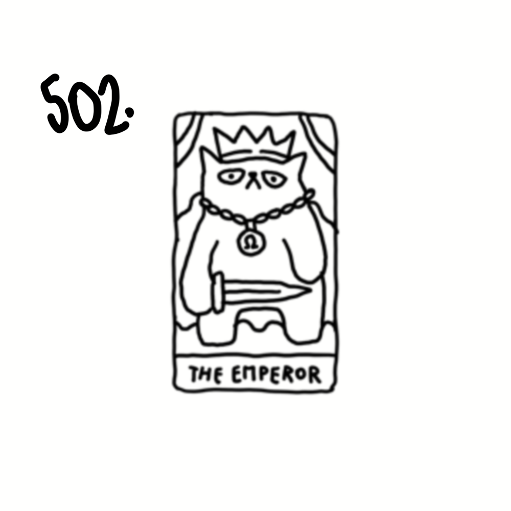 A hand-drawn illustration of a tarot card titled 'The Emperor,' featuring a cat wearing a crown, chain necklace with a pendant, and regal attire, sitting on a throne.