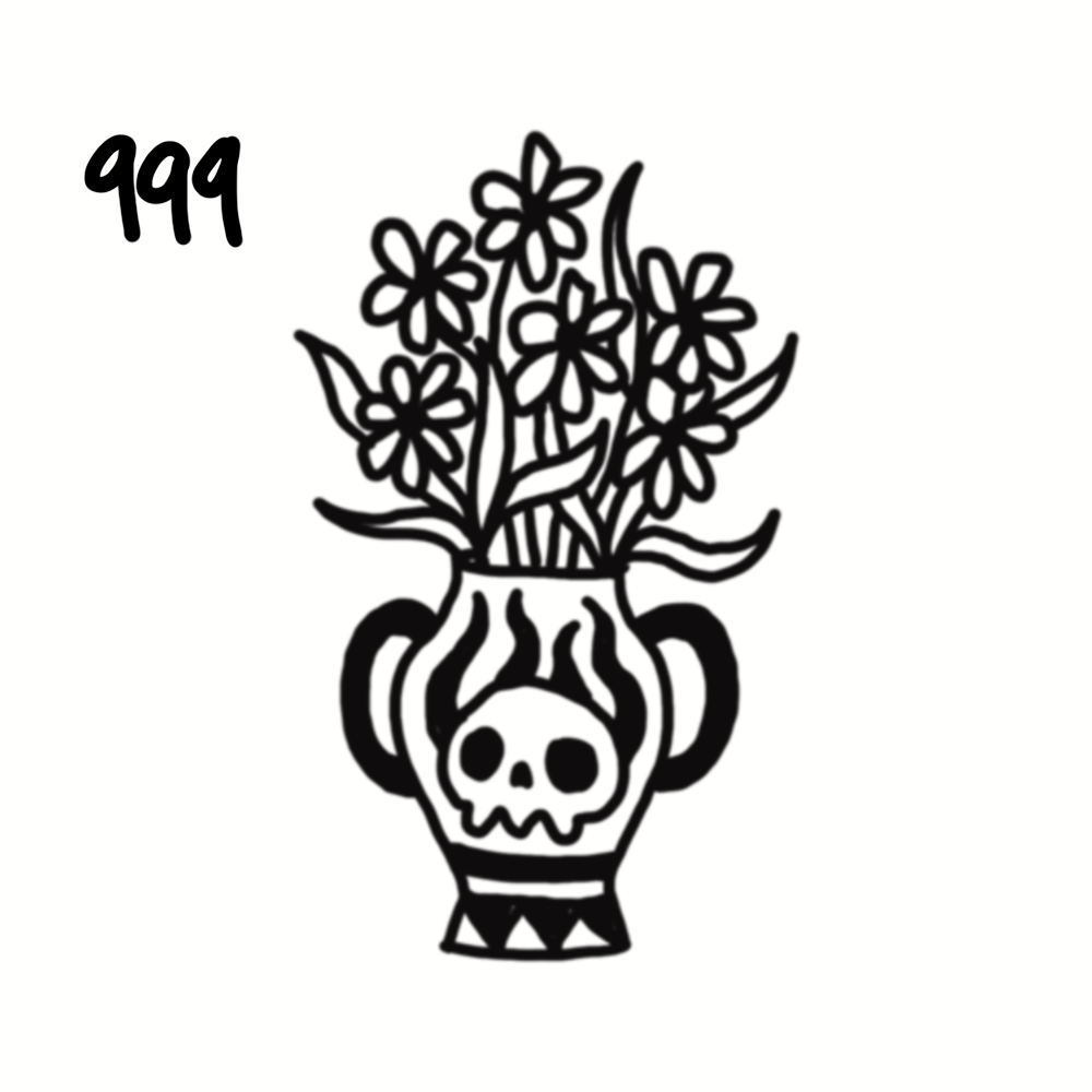 Black line drawing of a decorative urn with a skull motif, filled with flowers and leaves, with the number 999 in the top left corner.