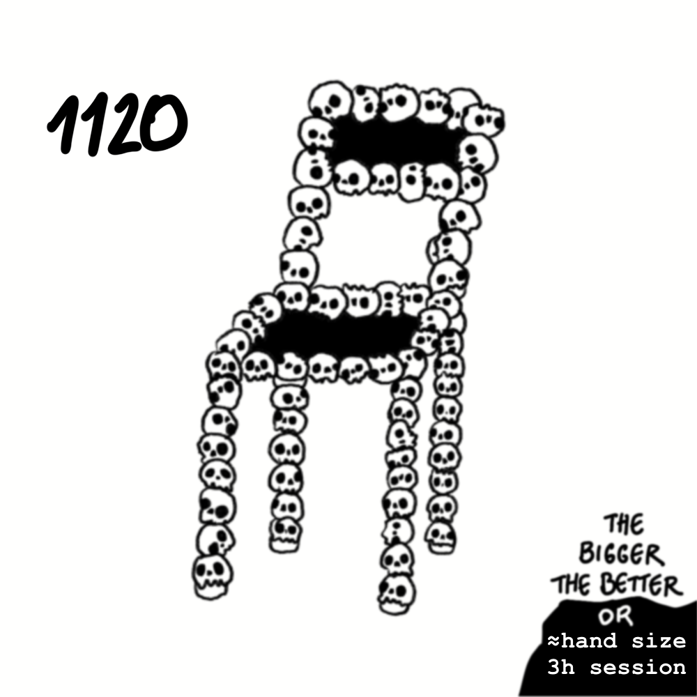 Number 8 made of small skull illustrations, with text '1120' on top left and 'The bigger the better or hand size 3h session' on the bottom right.