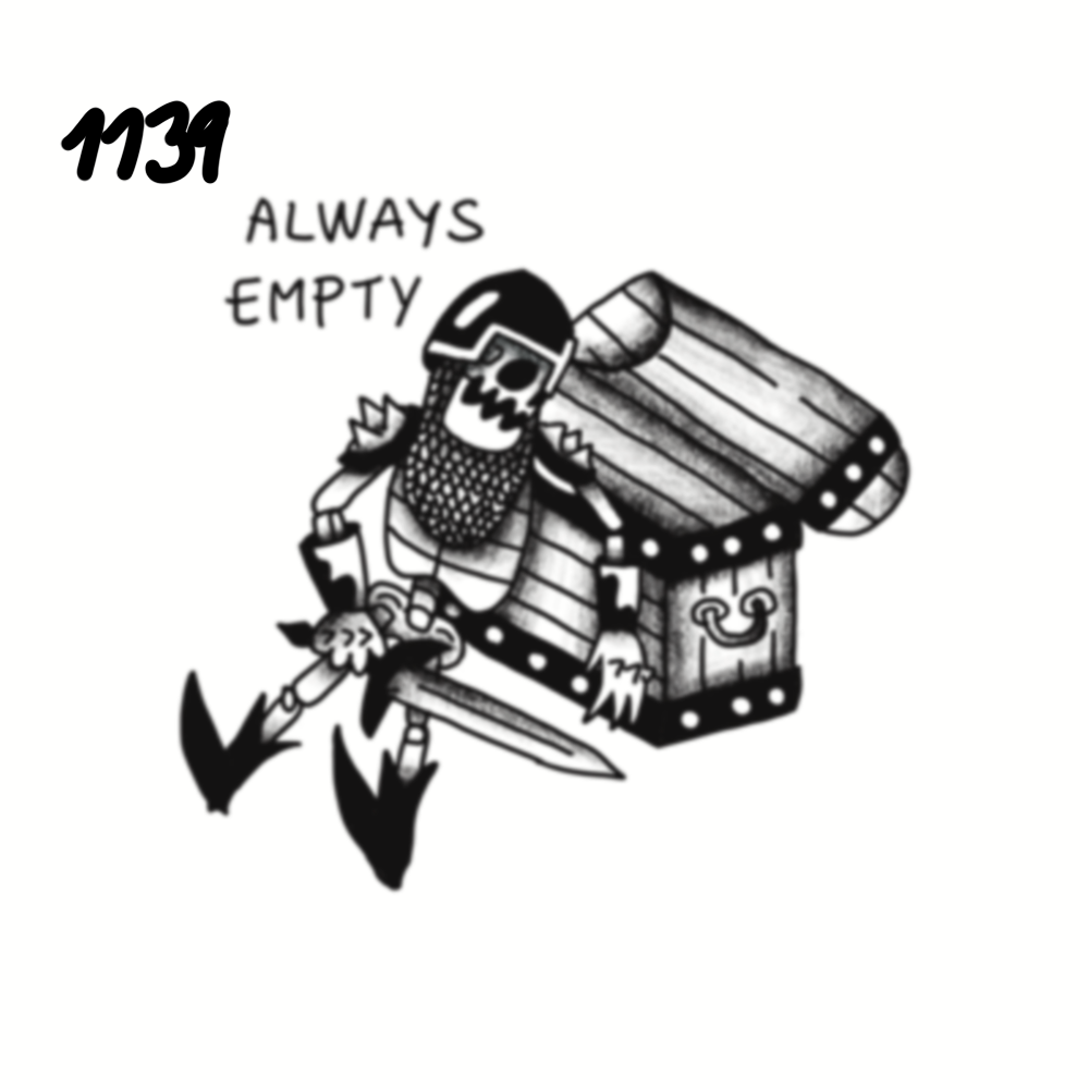 A cartoon Viking warrior with a beard, wearing a helmet, standing next to a wooden treasure chest with a latch. The Viking is holding a sword and has the words '1131 Always Empty' written above him.