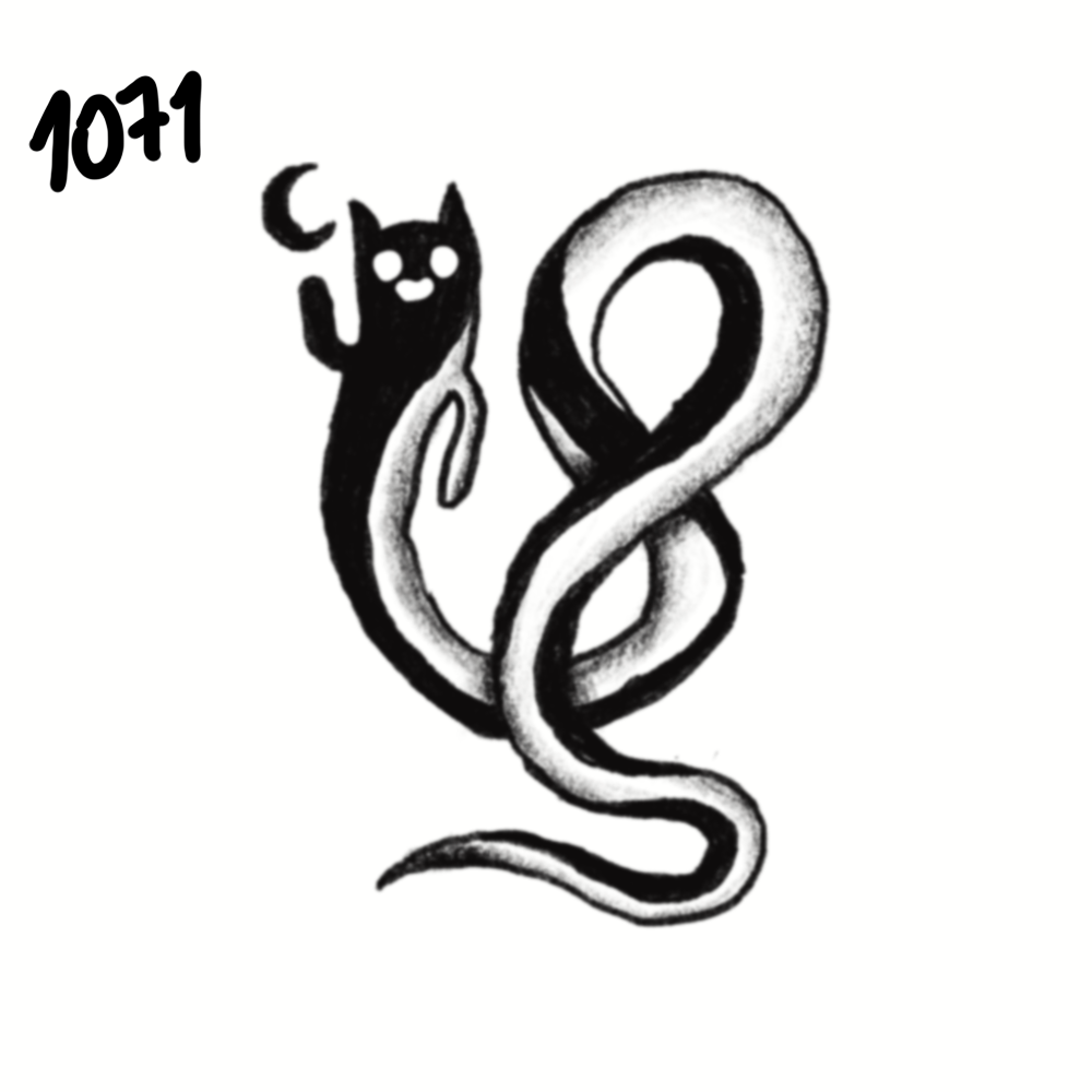 A black and white illustration of a snake with a cat's head, standing upright and waving with the number 1011 written in the top left corner.