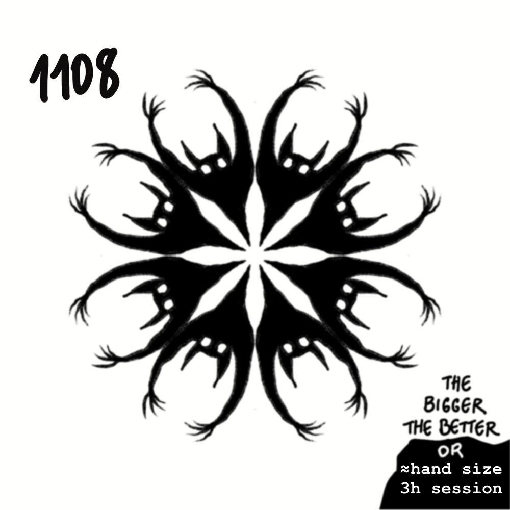 A black and white artwork featuring a symmetrical, circular pattern of eight stylized, skull-like creatures with elongated limbs. The number '1108' is in the top left corner. Text in the bottom right corner reads 'The bigger the better or hand size 3