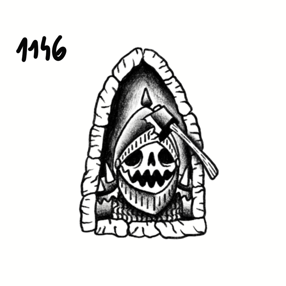 Black and white illustration of a skull wearing a beanie, inside a stone archway, with a lit candle and a matchstick next to it. The number 1146 is written in the top left corner.