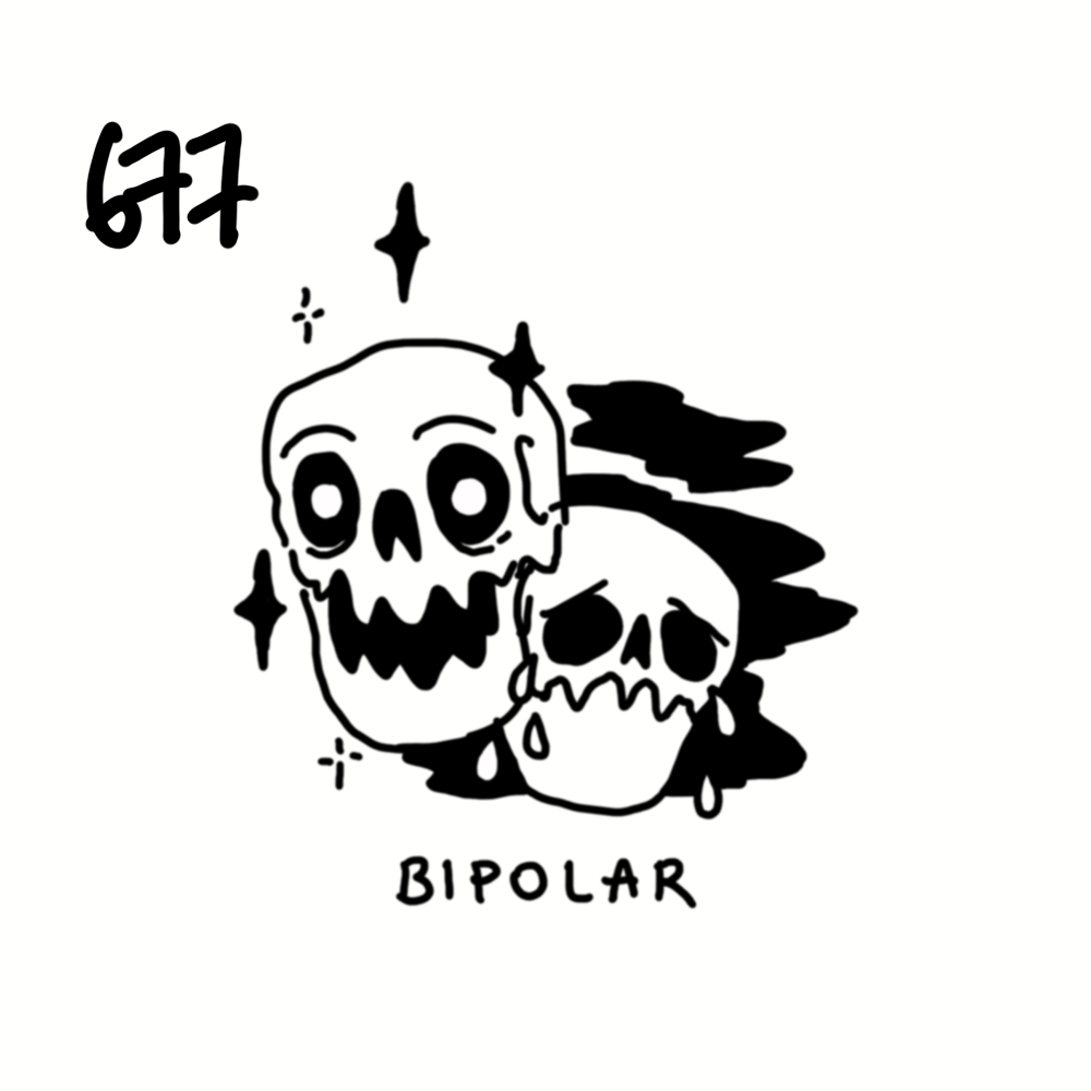 Black and white tattoo-style drawing of two skulls with the word "BIPOLAR" underneath. One skull is larger with bright eyes and stars around it, while the smaller skull appears to be cracking and crying tears.