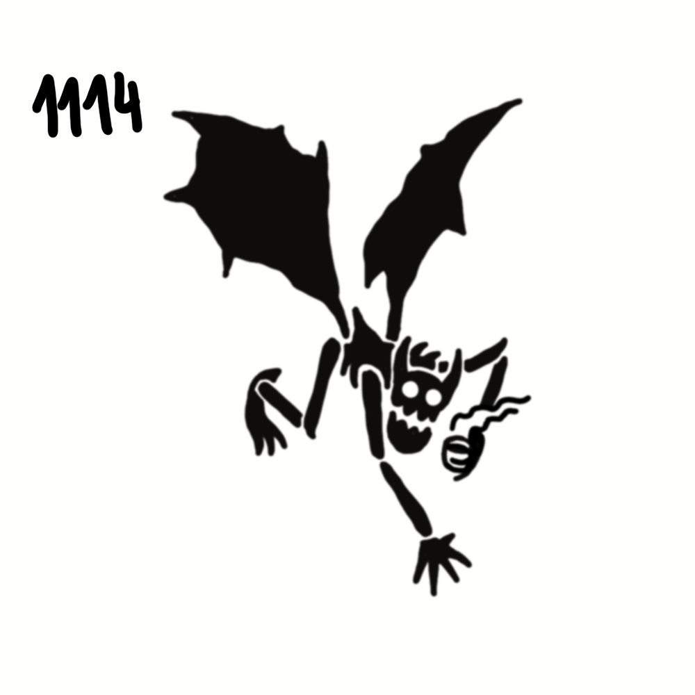 A black silhouette of a bat with a skeleton face, holding a smoking pipe, with the number 1114 in the upper left corner.