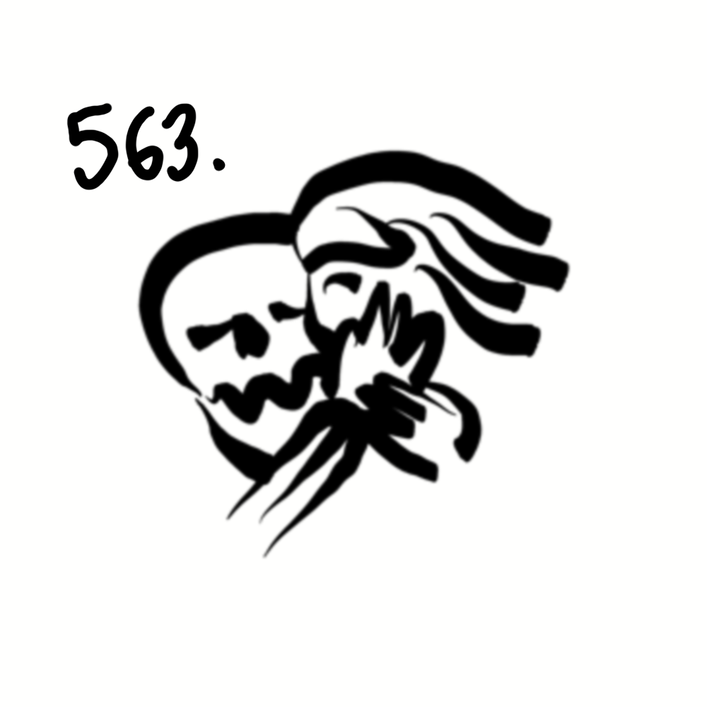 A black and white illustration of a skull and a woman with long hair, both hugging each other, with the number 563 written in the top left corner.