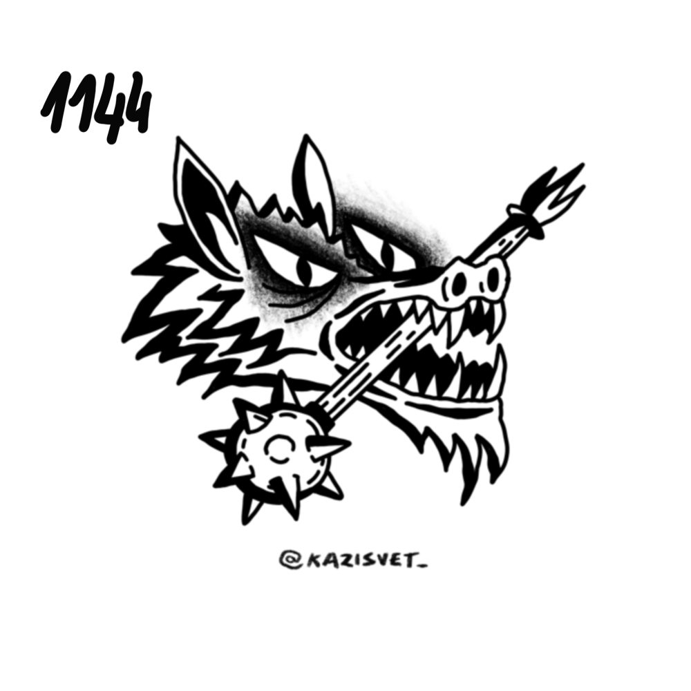 Black and white drawing of a fierce wolf's head with spiked fur, angry eyes, and sharp teeth, holding a spiked ball attached to a club in its mouth. The number 1144 is in the top left corner, and '@KAZISVET_' is written below the image.