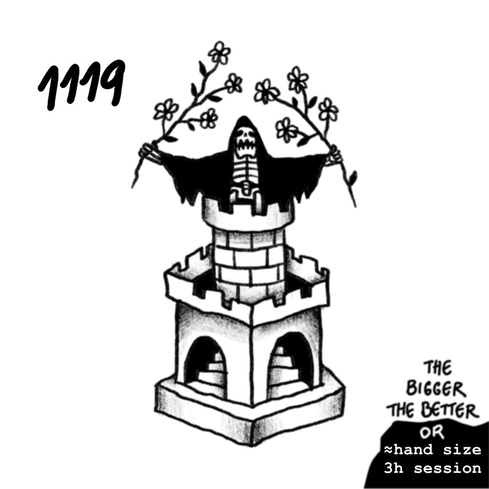 Black and white illustration of a skeleton with a hooded cloak holding two branches with flowers, standing on top of a castle tower, with the phrase "The bigger the better" and a note about hand size and a 3-hour session.