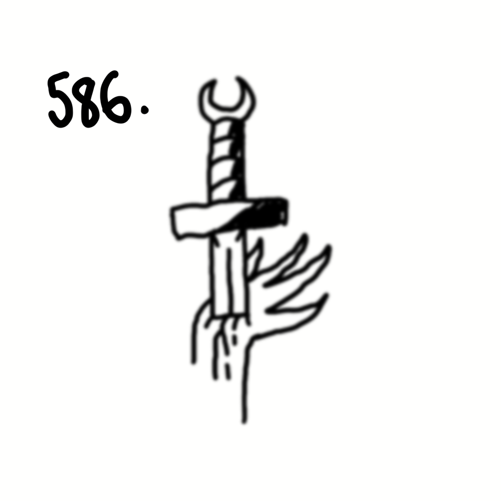 A simple black and white illustration of a hand holding a sword with a wrench on top of the hilt.