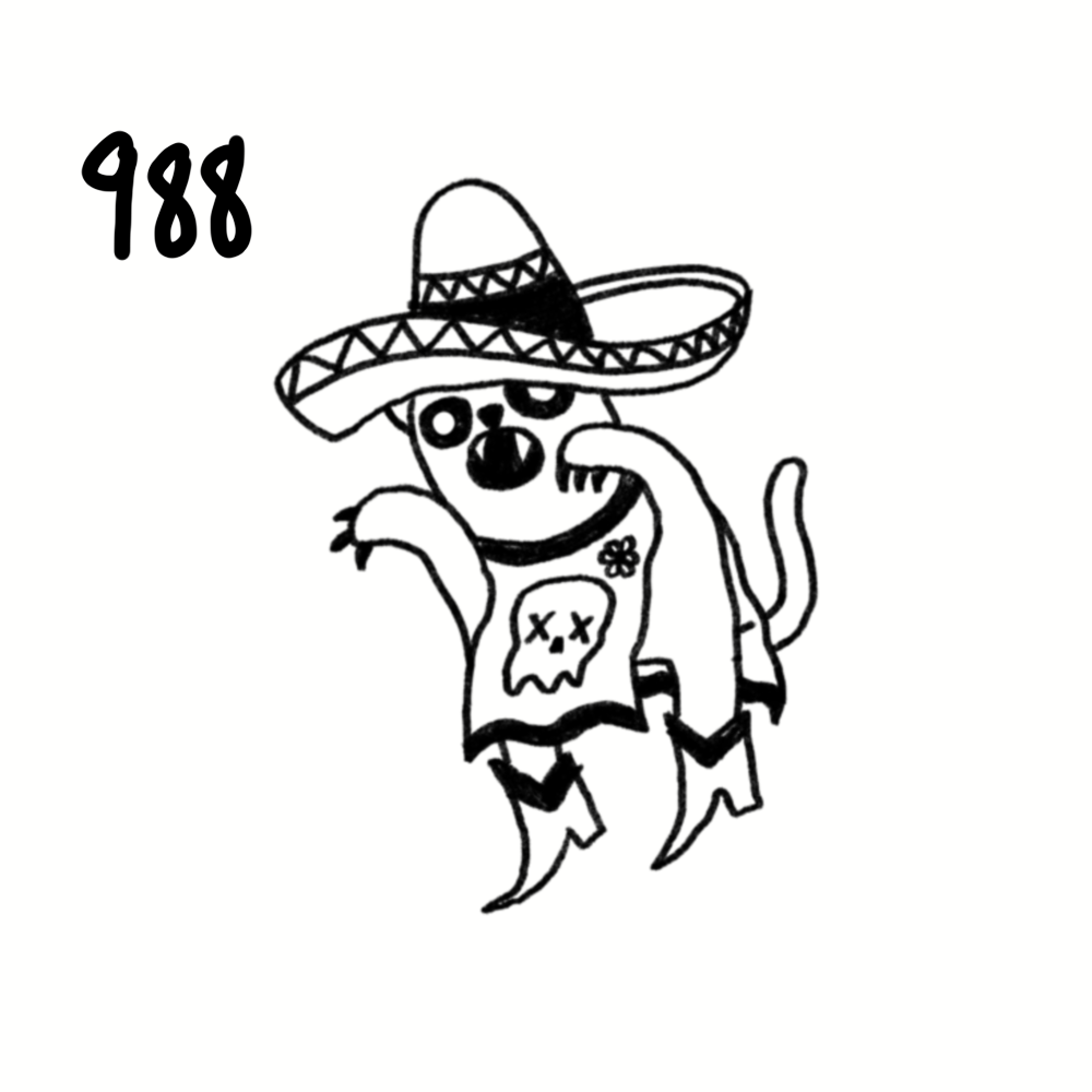 A cartoon drawing of a rat wearing a large sombrero, decorated with a band. The rat has a skull and crossbones tattoo on its chest, and is dressed in tattered clothing with a flower. It is standing on its hind legs, with one paw raised and the other 