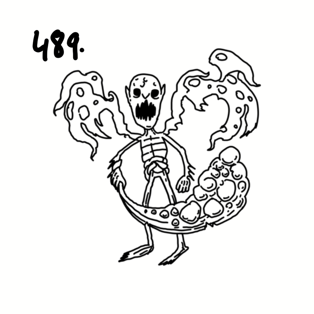A black and white drawing of a skeleton with large, tattered wings, standing inside a crescent-shaped object that appears to be a taco filled with various ingredients.
