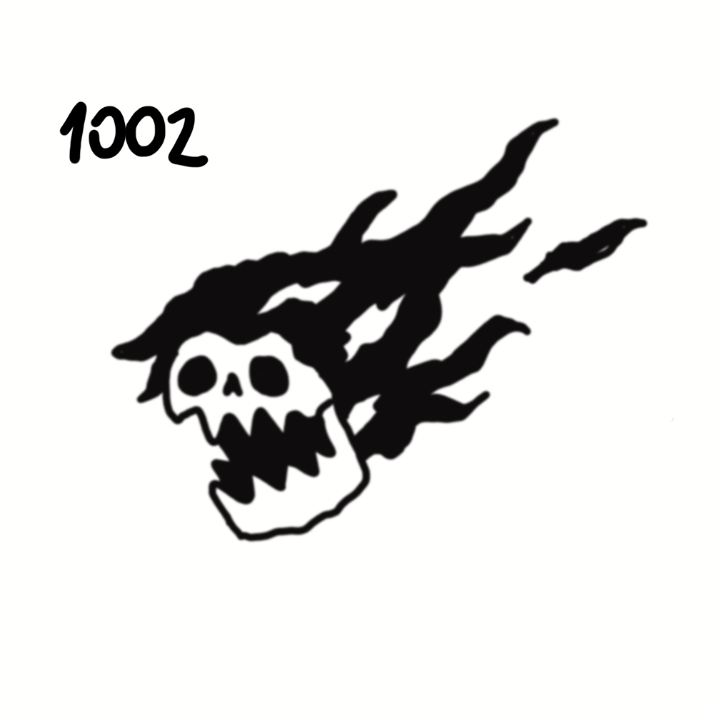 A black and white illustration of a skull with flames or tendrils extending from the top, and the text '100z' in the top left corner.