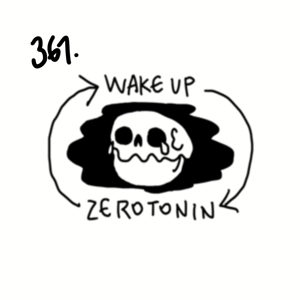 A black and white drawing of a skull, with the words 'Wake Up Zerotonin' and the number 361 written around it.