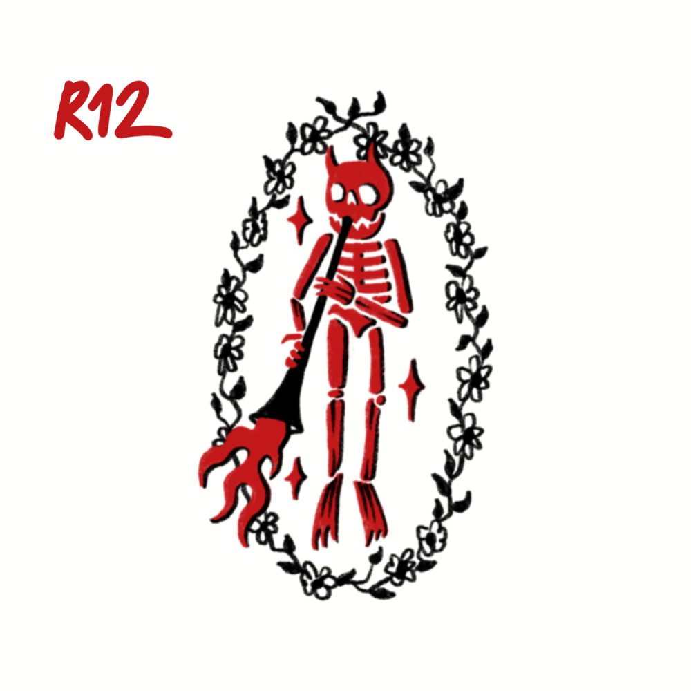 A red skeleton with antlers on its skull, holding a pitchfork with a clawed end. The skeleton is surrounded by a floral wreath. The text 'R12' appears in red in the upper left corner.