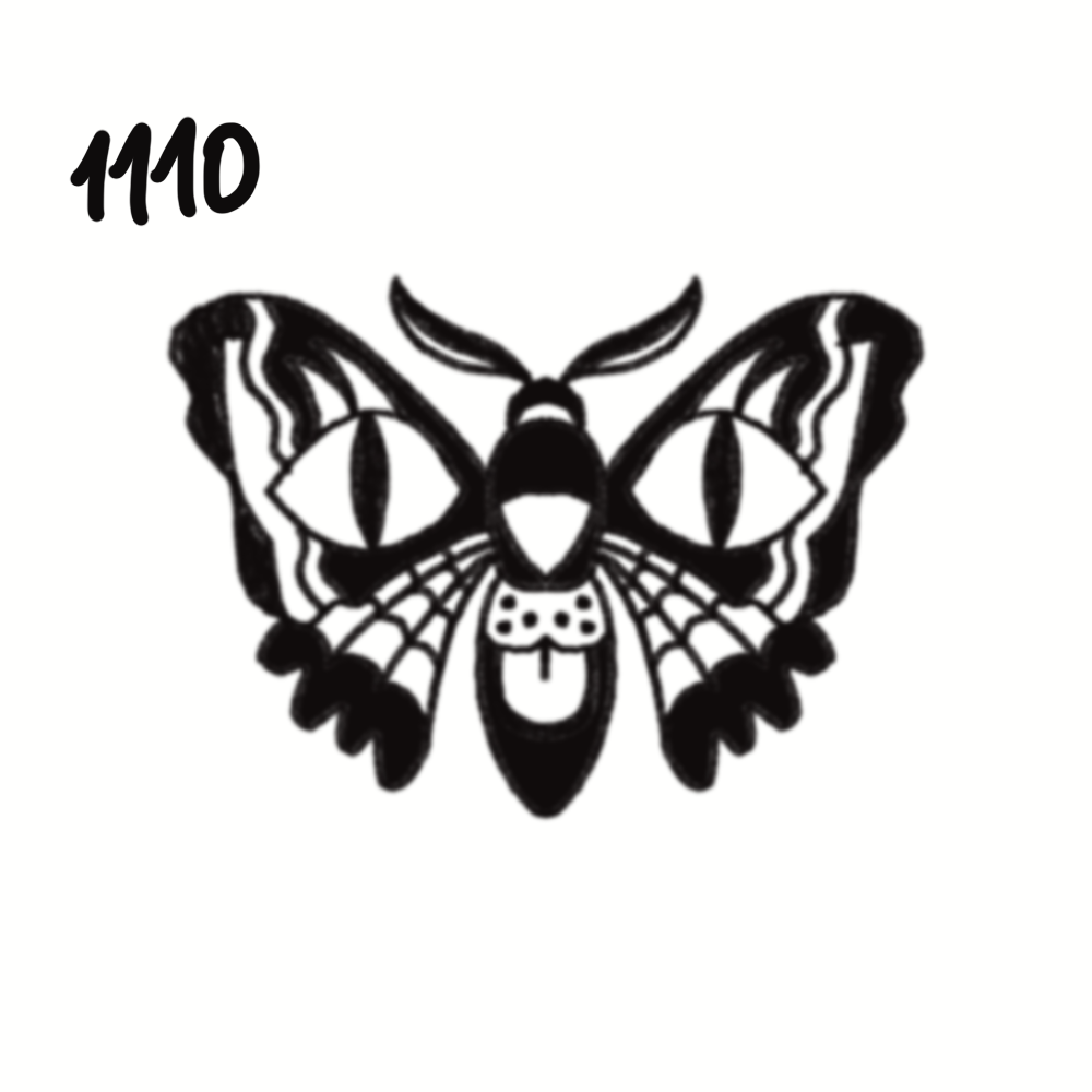 Black and white line drawing of a butterfly with large wings, detailed patterns, and the number 110 in the top left corner.