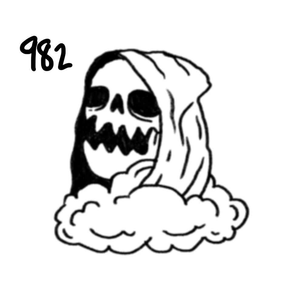 A drawing of a skeleton with a skull face, wearing a hooded cloak, surrounded by clouds, with the number 982 written next to it.