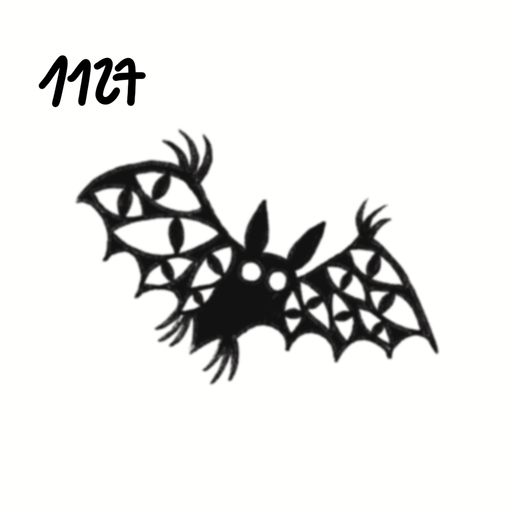 Black silhouette of a bat with patterned wings, large eyes, and spiky fur, positioned on a white background with the number 1127 in the top left corner.