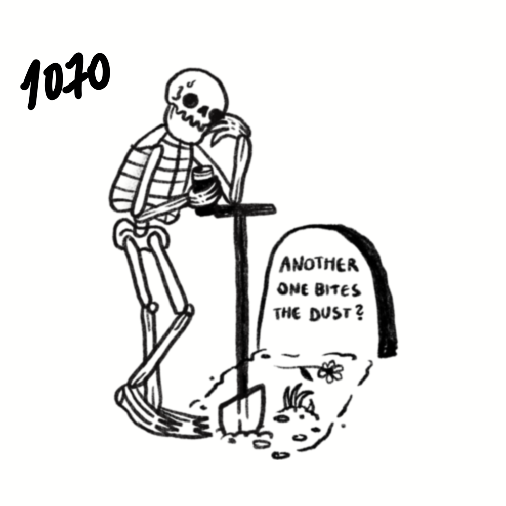 A skeleton sitting on a small table, holding a cup, with a shovel sticking into the ground nearby. There is a grave with a flower on it saying, "Another one bites the dust?" and some scattered bones.