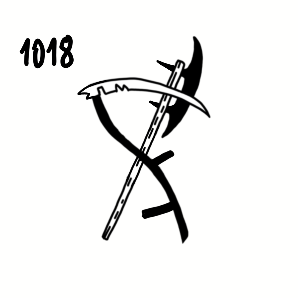 Stylized DNA strand with a sickle and pickaxe crossed over it, labeled '1018' in the top left corner.