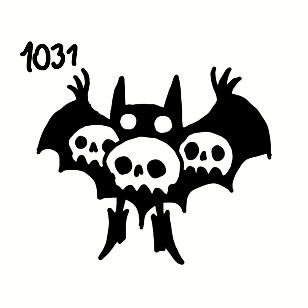 Black bat with three skulls on its body and the number 1031 above its head, on a white background.