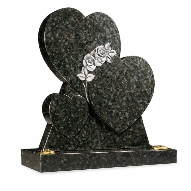 Black granite tombstone with engraved white roses and multiple heart shapes.