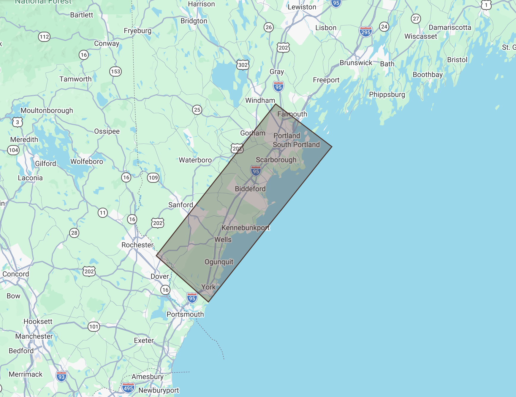 Map of Southern Maine showing the coastline, cities, and towns including Portland, South Portland, Cape Elizabeth, Scarborough, Old Orchard Beach, Saco, Biddeford, Kennebunk, Kennebunkport, Wells, Ogunquit, York, Kittery, North Berwick, South Berwick