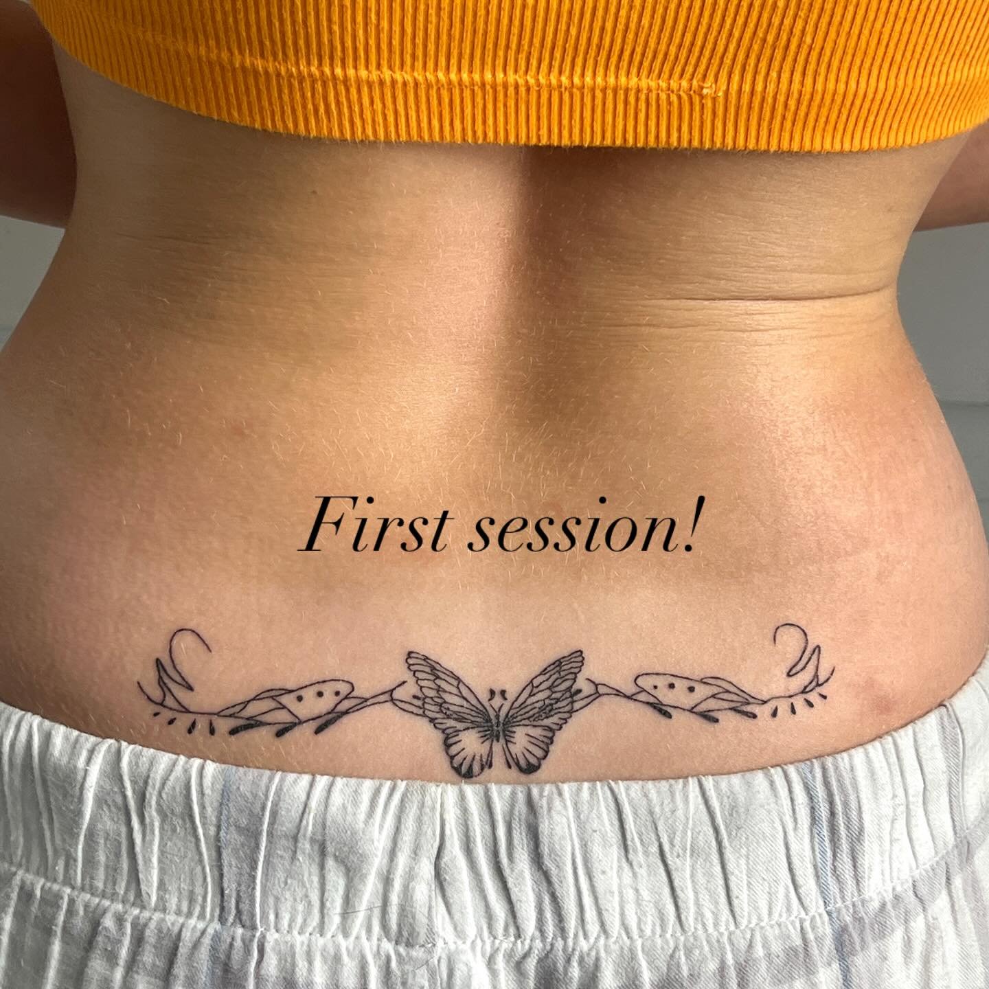 First session! My roommates a real one fr&hellip; biggest piece so far and I&rsquo;m so excited to finish it❤️❤️ 

Just have some black to add to the wings and shading next session. 

#trampstamp #trampstamptattoo #tattooswilmington #wilmingtontattoo