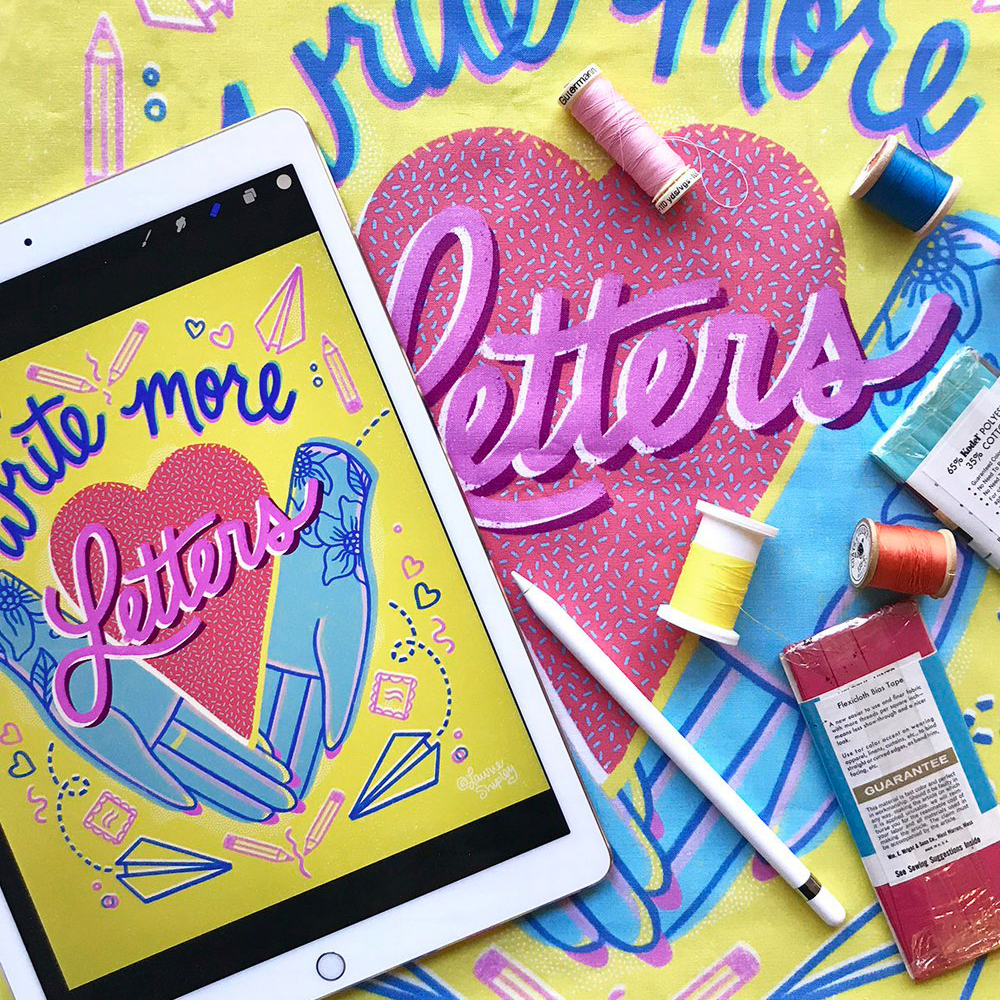 A picture of an iPad with digital lettering that says, "Write More Letters"