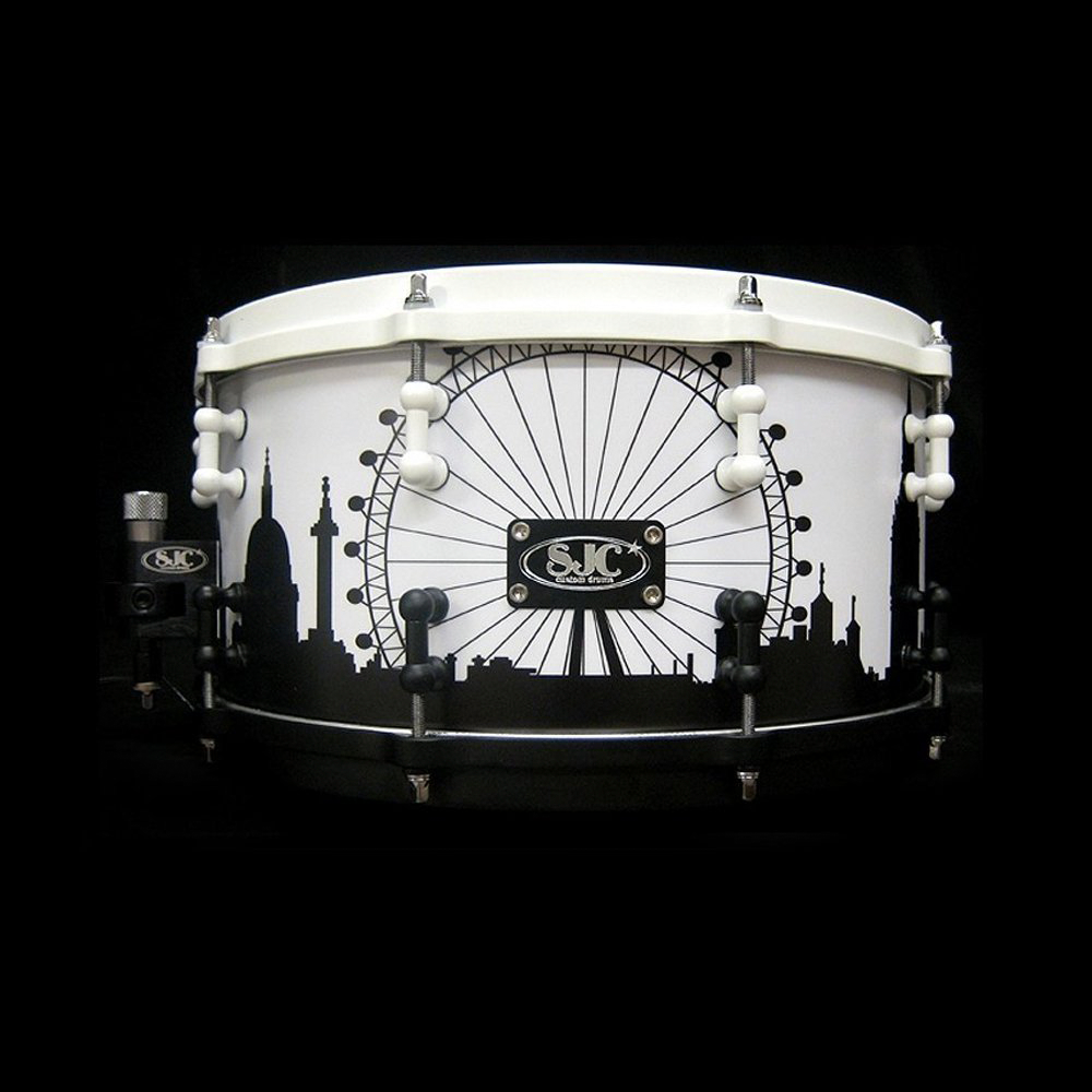 London skyline wrap designed by Laurie Shipley Design for SJC Custom Drums