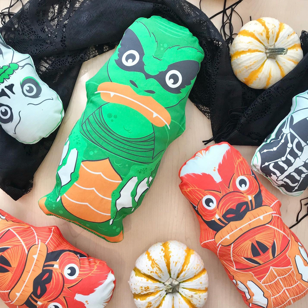 Creature from the Black Lagoon nesting doll plushies by Laurie Shipley Design. Three versions: A skeleton, muscle man, and the green creature.