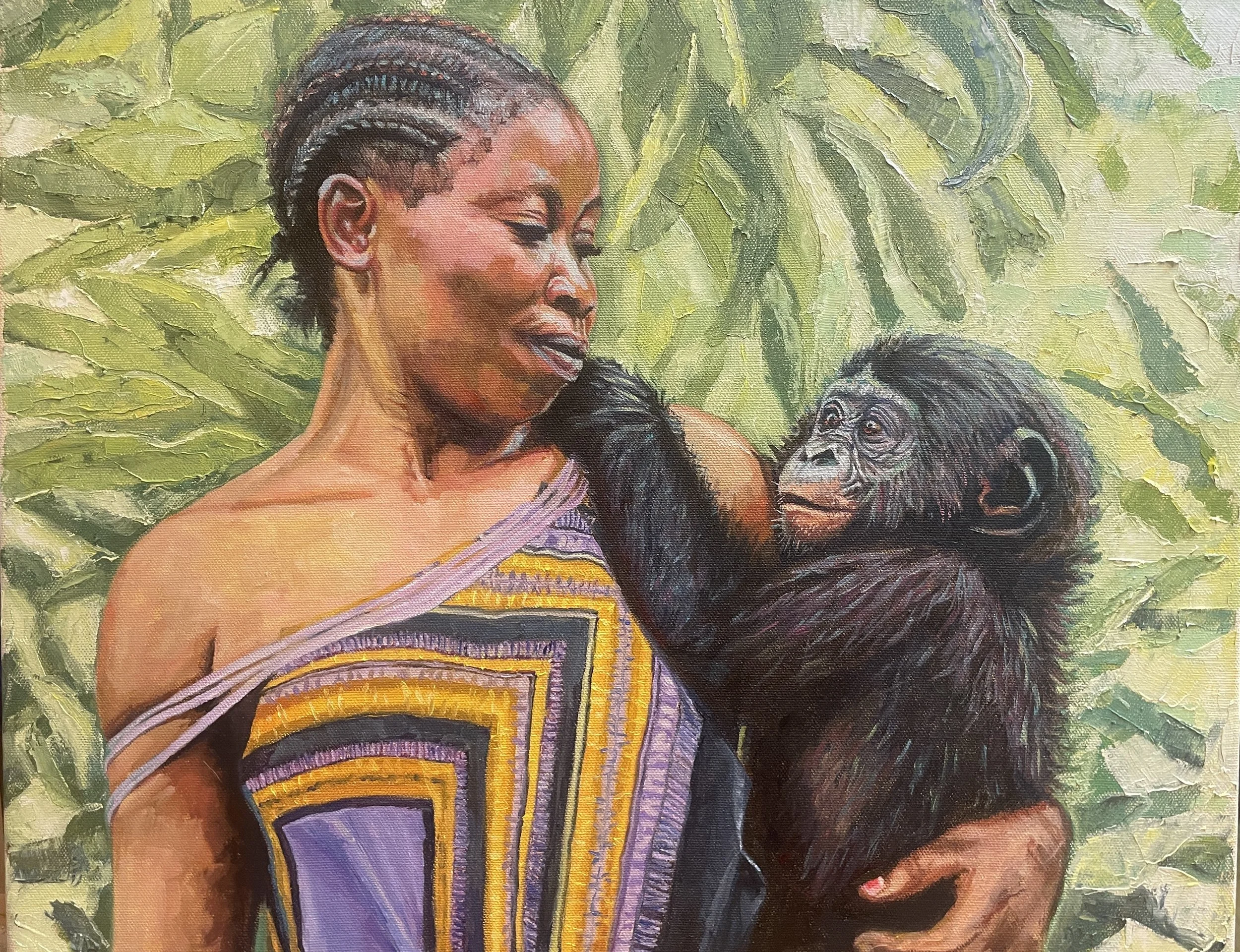 Surrogate mother with Bonobo, DR Congo. This bonobo was rescued from the illegal trade of these animals