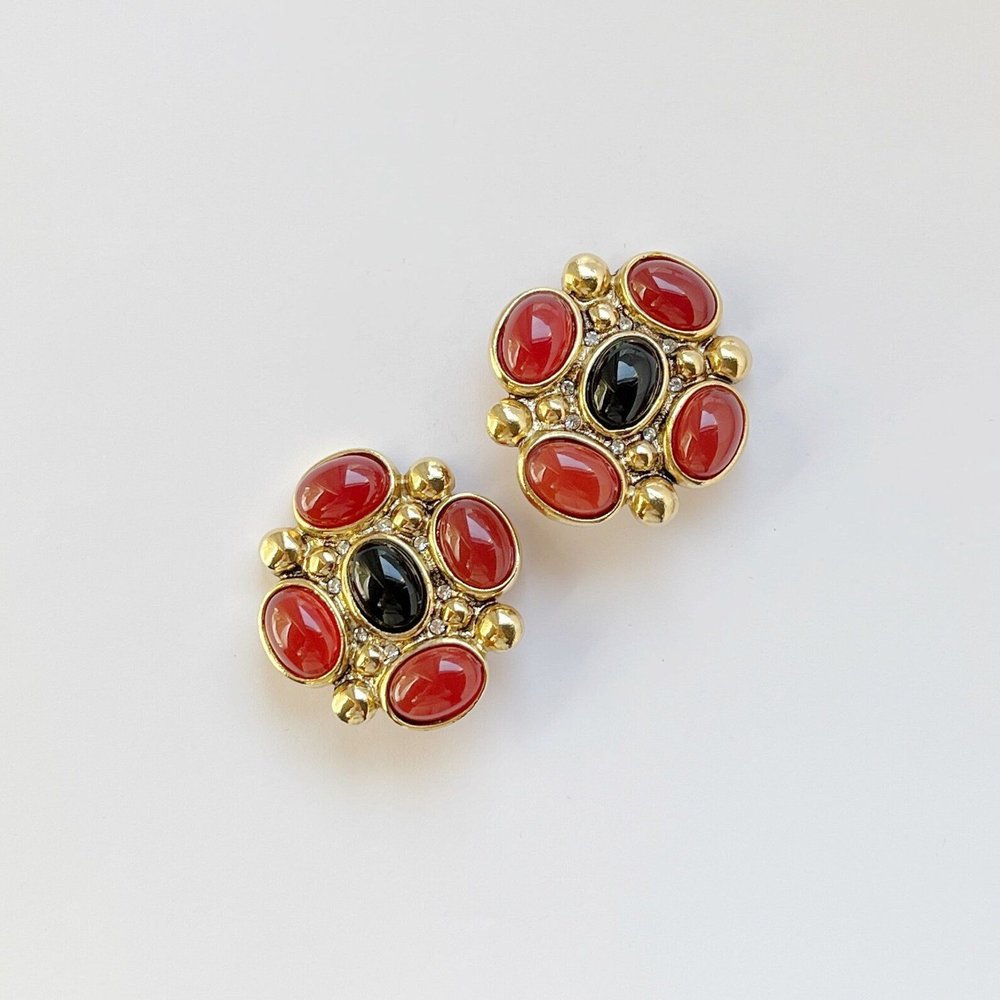  Vintage CRAFT Signed Red Carnelian Lucite Cabochon Clip On Earrings 