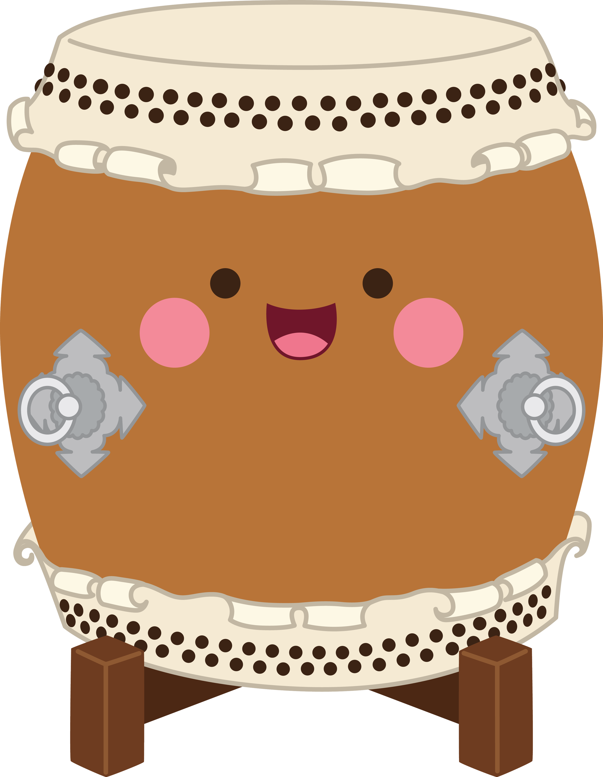A cartoon smiling drum with a face, pink cheeks, and metal cymbals on its sides.