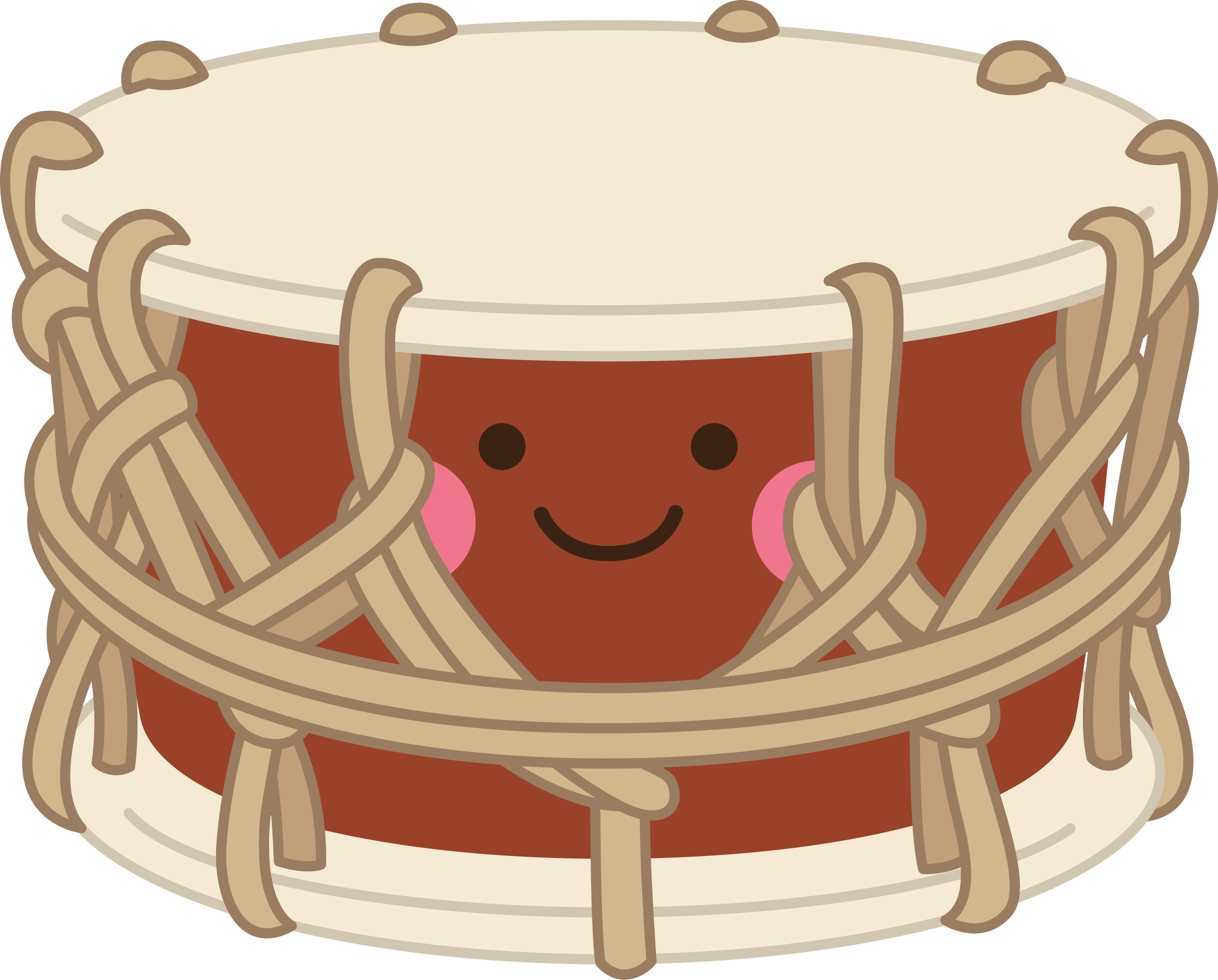 A cartoon drum with a happy face, pink cheeks, and a silly smile, surrounded by rope, on a white background.