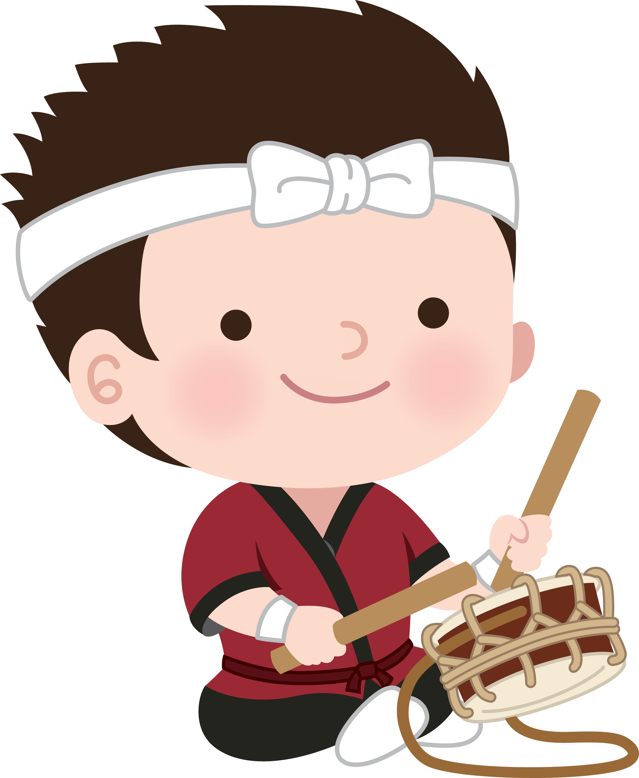 Cartoon of a young boy with brown hair, wearing a white headband and red traditional martial arts uniform, holding a wooden stick and a glove.