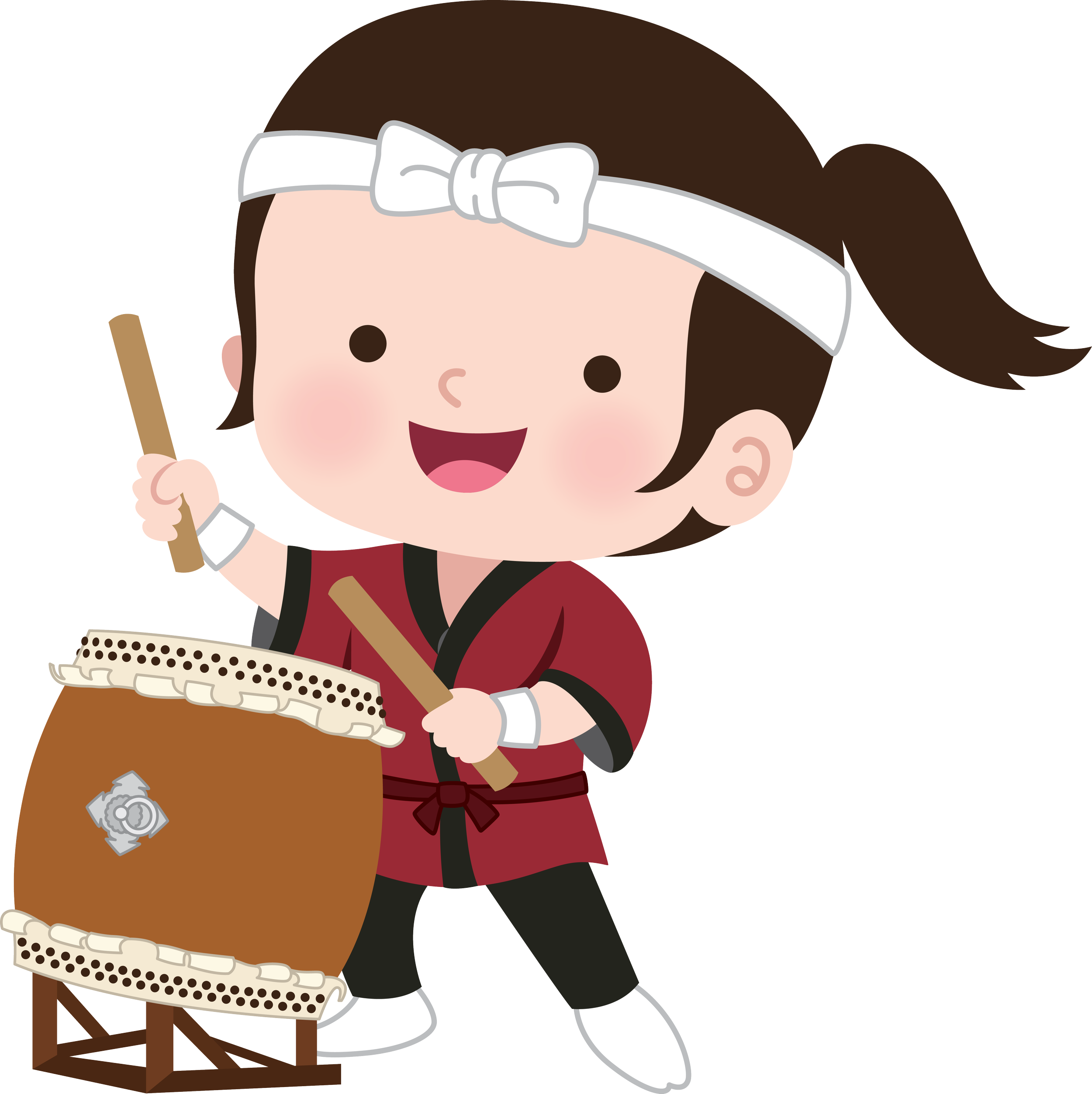 Cartoon of a smiling girl playing a drum, wearing a red and black outfit, with a white headband and white shoes.