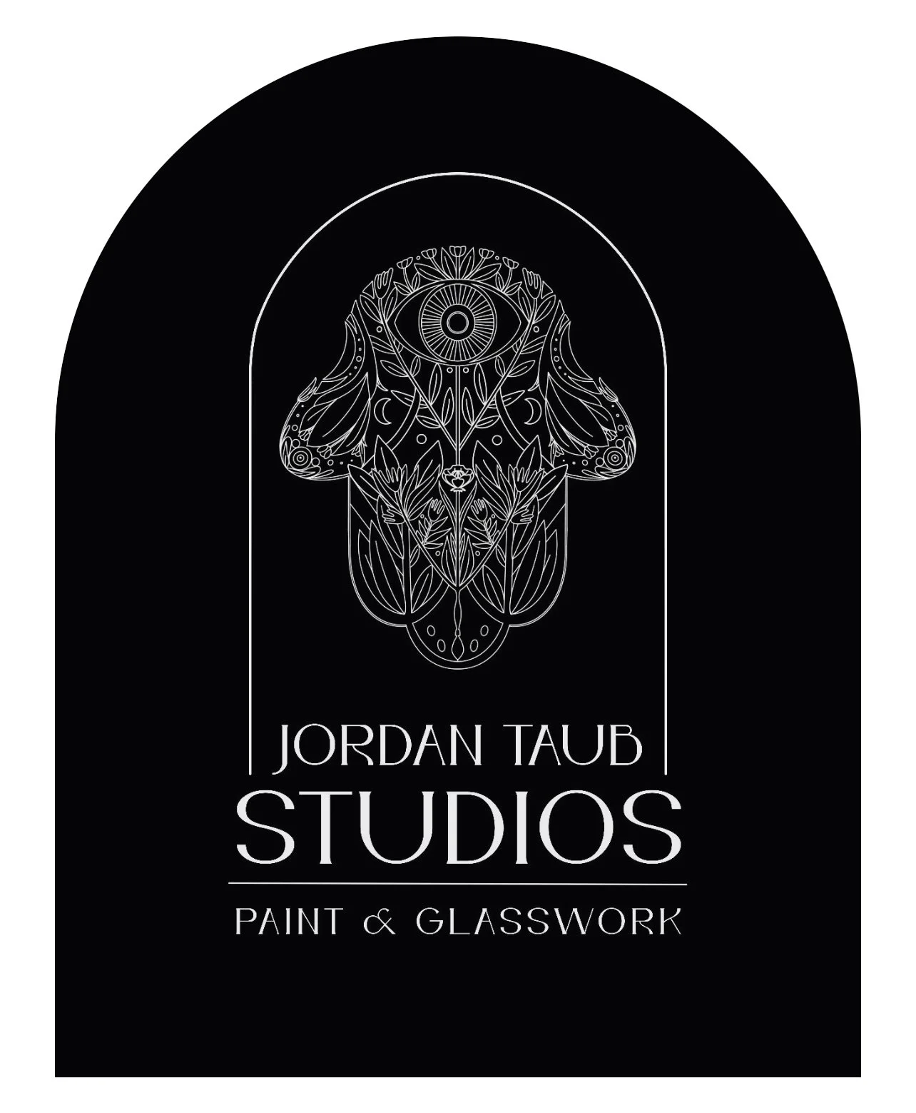 Black and white logo for Jordan Taub Studios, specializing in paint and glasswork, featuring an intricate, symmetrical design with floral and eye motifs.
