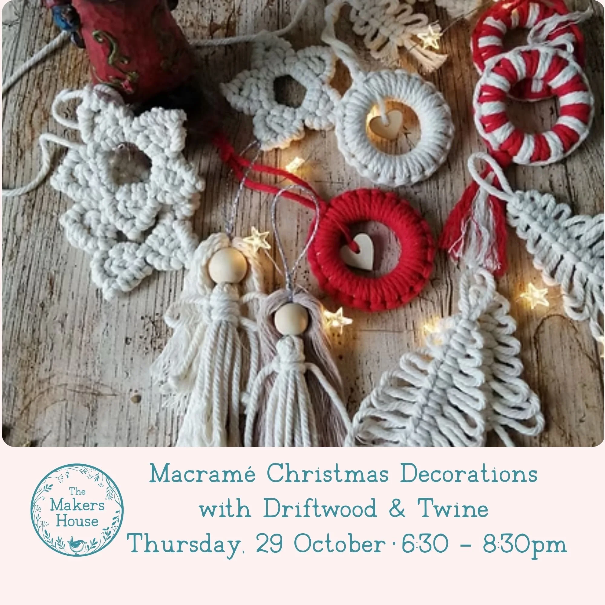 Unleash your inner elf and get ahead with your festive preparations with this fun macramé Christmas decoration workshop .We'll make at least three ornaments and, in a relaxed and friendly small group, you'll learn the basic macramé knots that will en